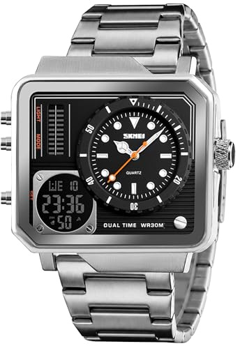 SKMEI Herren Digital Sportuhr LED Quadratisch Großes Gesicht Analog Quarz Armbanduhr mit Multi-Time Zone Wasserdicht Stoppuhr