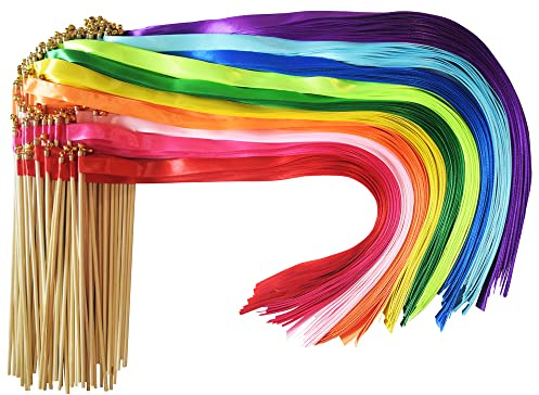 Kingsnow 100 Pieces Multi-Color Ribbon Wands Streamers Sticks with Gold Bell, Chromatic Silk Wish Wands Fairy Stick Party Rhythm Ribbon Streamers for Wedding Send Off Bridal Shower Party Photo Props