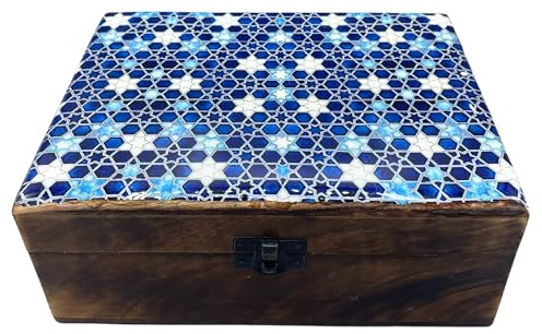 Ancient Wisdom Caja de Madera Grande de Cerámica Esmaltada - 20x15x7.5cm - Estrellas Azules