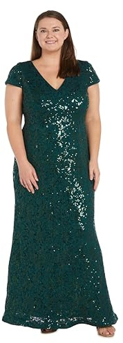R&M Richards Women's Plus Size Corded Lace Dress W/V-Neckline & Short Sleeve, Hunter