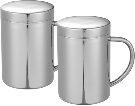 Termomugg i rostfritt stål med lock, 2 stycken 300 ml dubbelväggiga rostfritt stål kaffekopp med handtag och muggar, set för camping och utomhus (300 ml)