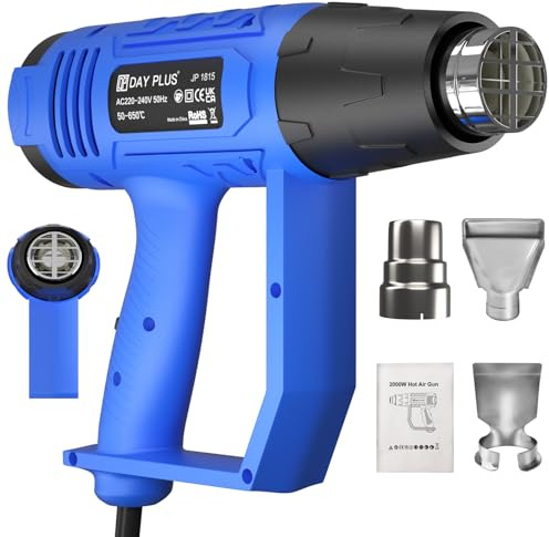 Heat Gun for Crafts, 2000W Heavy Duty Hot Air Gun Kit 300℃~600℃ Dual Temperature Settings with 3 Nozzles & Overload Protection, Ideal for Crafts, Shrink Wrapping/Tubing, Paint Removing, Epoxy Resin