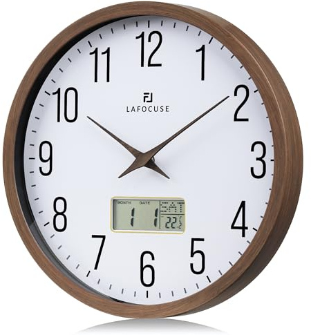 Lafocuse 12 inch Silent Wooden Grain Frame LCD Wall Clock with Date and Temperature,Time,Month,Day of Week,Quartz Digital Brown Wall Clocks Battery Operated Decorative for Living Room Office Bedroom
