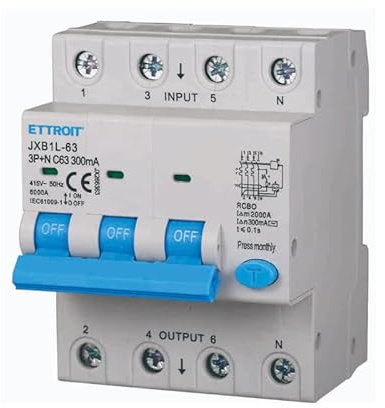 ETTROIT INTERRUTTORE MAGNETOTERMICO DIFFERENZIALE SALVAVITA PER BARRA DIN 4 MODULI 3P+N 380V 300mA 6KA (63A)
