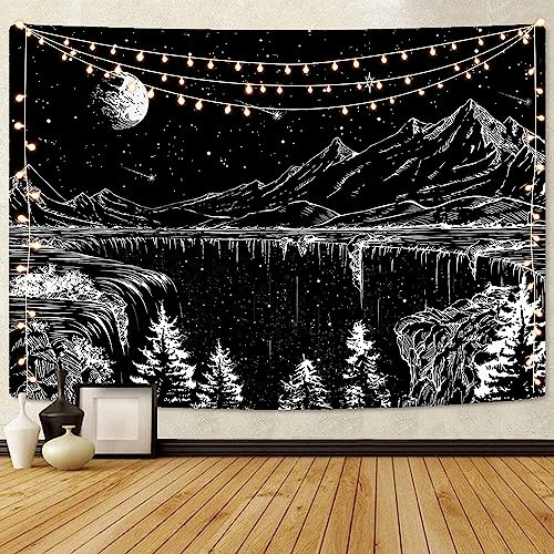 Simpkeely Schwarz-weiße Wandteppich Sternennacht Berg Mond Sterne Wandteppich für Schlafzimmer Wohnzimmer - 180cm x 230cm