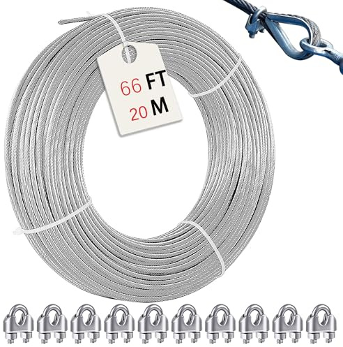 Eachans Drahtseil, 2 mm 20m Edelstahl Stahlseil Drahtseil Spanndraht Ummantelt mit 10 Drahtseilklemme, 304 Edelstahlseil Gardinenseil Wäscheleine für Kletterpflanzen, Lichter Hängen Hängeleuchte