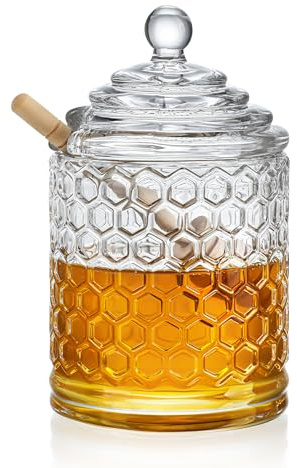H&D HYALINE & DORA Honigtopf aus klarem Kristallglas mit Schöpflöffel und Deckel, Honigglas aus Glas mit Spender, Honig- und Sirupbehälter aus Glas für die Küche zu Hause