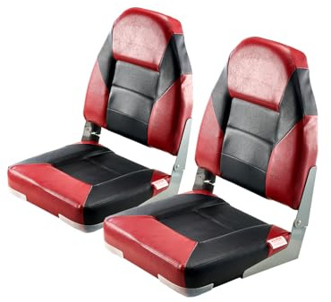 VEVOR Sedile per Barca Yacht Schienale Alto, Sedile Pieghevole per Barca Cuscino in Spugna Ispessita Pelle in PVC Impermeabile, Cerniere in Lega di Alluminio, Sedile per Navi, Nero Rosso 2 Pz