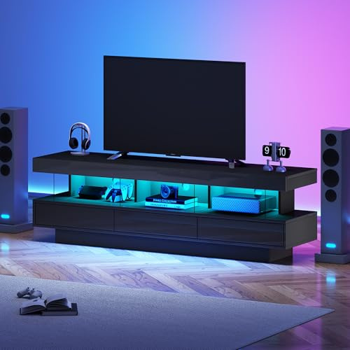 FammyLoft 160cm Hochglanz TV Schrank mit 3 Glasablagen, TV Board mit Stauraum, Moderner Fernsehschrank mit LED-Beleuchtung, App-Steuerung Fernseher Schrank für Wohnzimmer, Schwarz
