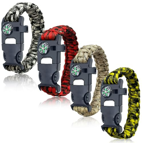 Lot de 4 bracelets de survie en paracorde 5 en 1 avec allume-feu, boussole et sifflet | Équipement d'urgence en plein air pour le camping, la randonnée, Paracorde