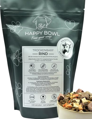 Happy Bowl - Trockenbarf Rind - 500g - Alleinfuttermittel für Hunde auf Basis natürlicher Inhaltsstoffe - Trockenfutter, Nassfutter oder Barf-Ersatz