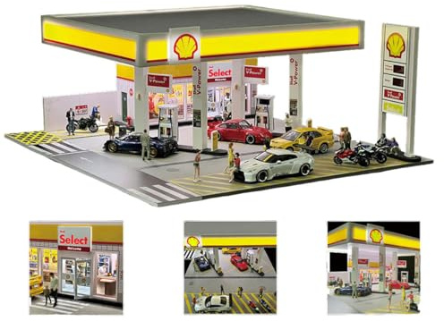 Palapozzy Station-service miniature détaillée à l'échelle 1/64 avec éclairage LED, garage de diorama compatible avec des modèles d'architecture pour scène de collection de voitures DIY (voitures et