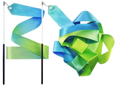 FAZHBARY Blue Green Gradient Dance Ribbons Rhythmic Gymnastics Ribbon Dancing Streamers for Baton Twirling Wands Artistic Dancing Training Supplies, 2 Pack