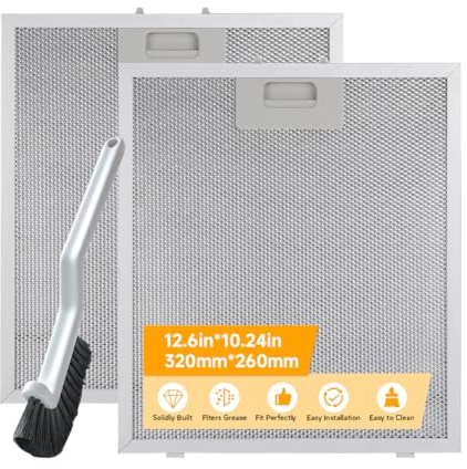Cowhilan 2 Pcs Cooker Hood Grease Filter 320x260x9mm 5-Layer Aluminium Mesh | Replacement Kitchen Cooker Hood Filters with Brush, for Extractor Fans and Many Leading Range Hoods, Easy to Install & Clean