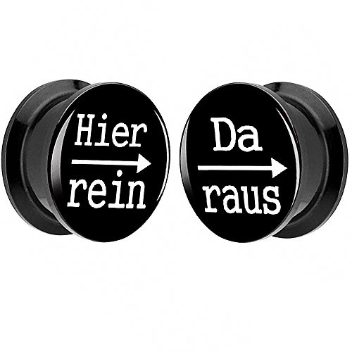 Piersando 1 Paar 2er Set Ohr Plug Piercing Kunststoff Flesh Tunnel Ohrplug mit Hier rein Da Raus Spruch Schwarz Motiv Comic Picture