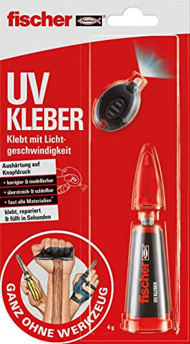 fischer UV KLEBER, Sekundenkleber, flexible Härtezeit durch UV-Lampe, klebt in Sekundenschnelle fast alle Materialien, kraftvoller Klebstoff, transparent, 4 g