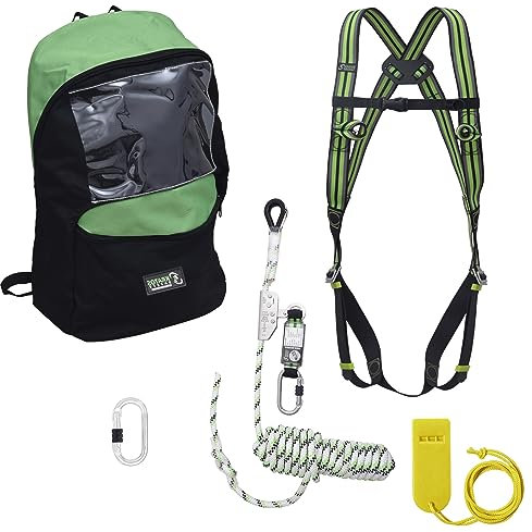 Kratos Set di protezione anticaduta con imbracatura di sicurezza EN361, ferma cadute 10m con ferma cadute a fettuccia EN353-2, moschettone in acciaio, zaino, DPI