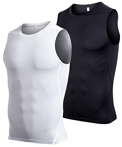 Ruowuhen 2 Pezzi Canotta Compressione Uomo, Maglia Sportiva Senza Maniche Aasciugatura Rapida per Bodybuilding Palestra Running Nero+Bianco L