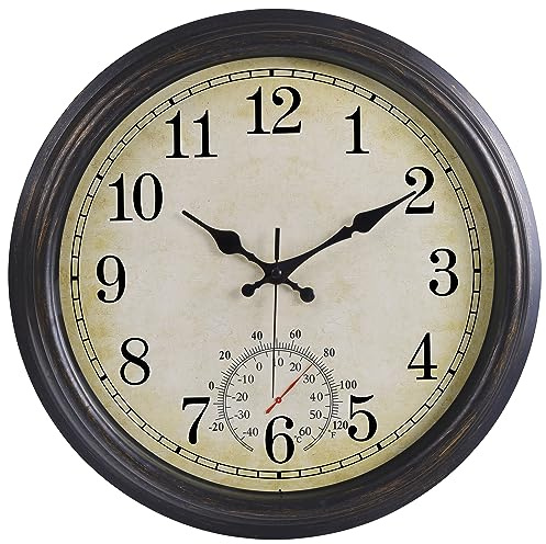 Keureedg 16 Inch Large Outdoor Clock, Waterproof Wall Clock with Thermometer, Battery Operated Silent Non-Ticking Vintage Wall Clock Quartz Round Clock Home Decor,Black Bronze