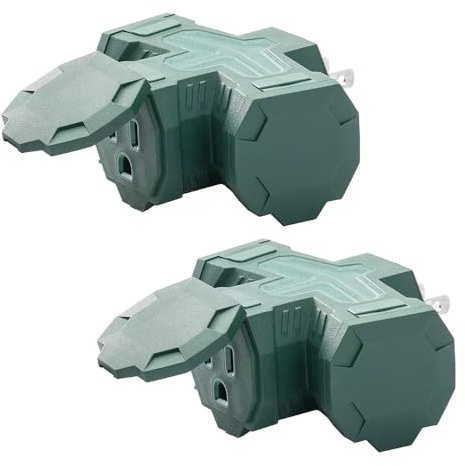 Outdoor Plug Outlet Splitter, 3 Way Outlets Power Extender with Safe Cover, Heavy Duty Waterproof Multi Plug for Holiday Decorations, Indoor/Outdoor Use, 1875W/15A, ETL Listed, Green, 2 Pack