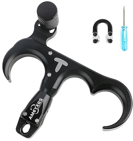 SHARROW Tir à Arc Décocheur Release Aids Arc Compound 3 Doigts Dégagement du Pouce Aluminium Aides à la Libération Arc à poulies avec Métal D Loop (Noir)