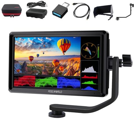 FEELWORLD FW568 V3 6-Zoll 4K Kamera-Feldmonitor,Full HD 1920x1080 3D lUT DSLR Kamera Monitor mit 2800mAh Akku Tragetasche Sunshine Hood HDMI Eingang Ausgang Tilt Arm Power Ausgang für Stabilisator