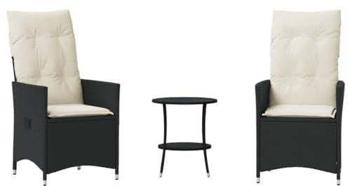 vidaXL Bistro Set 3-TLG., Balkonset mit Kissen Stahlrahmen, Sitzgruppe für Garten Terrasse, Gartenmöbel Gartengarnitur, Schwarz Poly Rattan