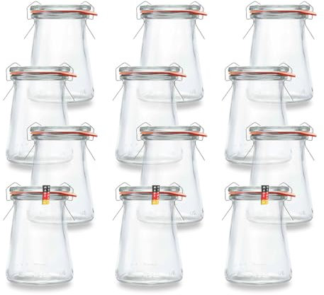 BAUER Flaschenbauer - Lot de 12 bocaux trapézoïdaux en verre de 120 ml - Convient comme bocal de conservation et de fermentation - Pour le rangement, à remplir - Bocaux vides avec étrier métallique -