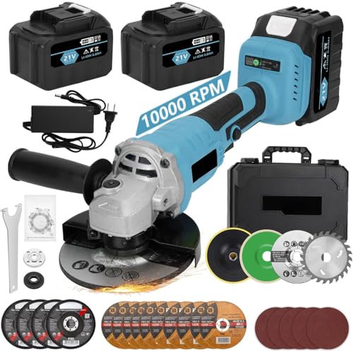 Amoladora angular de 125 mm inalámbrica, amoladora angular sin escobillas, velocidad de vacío, 12000 rpm, batería de iones de litio, 2 x 21 V, 3 Ah, carga rápida 3 horas, disco de molienda/corte,