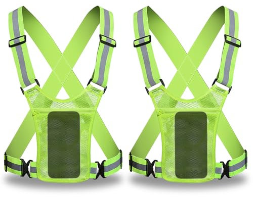 QKTYB 2 Stück Warnweste mit Handyhalter, Verstellbaren High-Vis Warnwesten Fahrrad, Reflektierende Laufweste Damen Herren für das Gehen mit Hunden, Joggen, Wandern und Radfahren bei Nacht (grün)