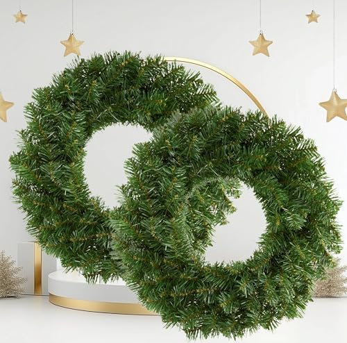 2 x large plain christmas door wreath - 50cm green artificial wreath - christmas door decoration - pine tipped wreath.
