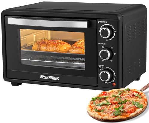 Steinborg Mini forno con convezione, 25 litri, forno elettrico per pizza, mini forno 3 in 1, piastra per briciole, calore superiore e inferiore, risparmio energetico, 100 – 230 °C, timer da 60 minuti