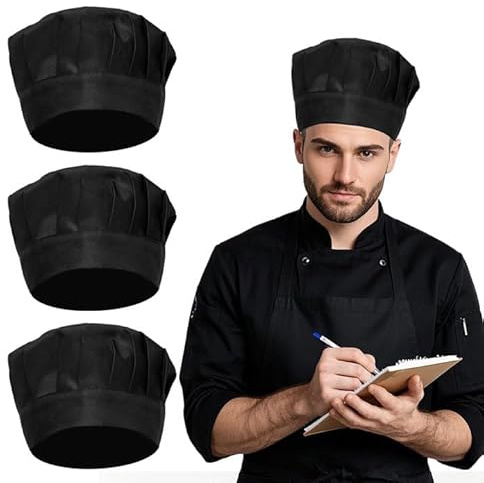 SAIIURV 3 Pièces Bonnet de Cuisinier, Réglable Toque Cuisinier, Toque de Chef Professionnel, Chef Toque de Cuisinier Unisexe en Coton pour Cuisine, Hôtel, Restaurant, Gastronomie (Noir)