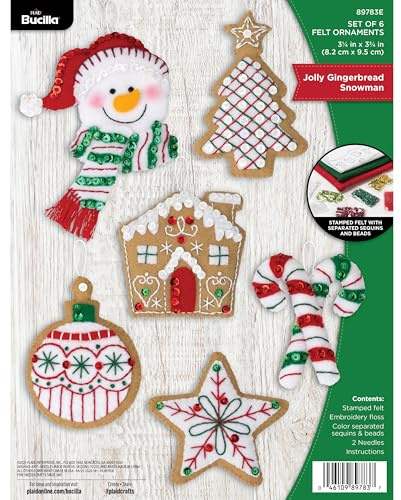 Bucilla, Jolly 89783E Lebkuchen-Schneemann, perfekt für DIY-Kunst- und Bastelprojekte, Filz-Applikation, 6-teiliges Ornament-Bastelset