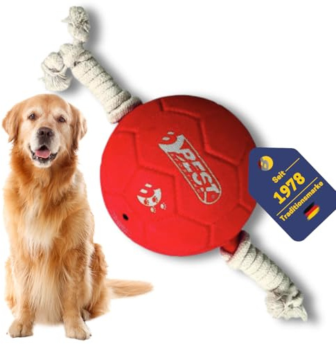 BEST SPORTING Hundespielzeug Ball mit Seil – Interaktives Tauzieh-Spielzeug, 16 cm, Robustes Gummi, für kleine & mittelgroße Hunde, in Rot oder Blau (Rot)