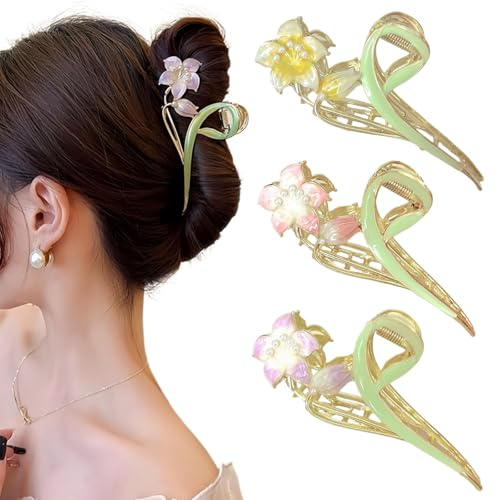 Ypkia 3 Stück Blumen Haarklammer Metall mit Perlen Haarkrallen Groß Haarspangen Damen für Dickes Dünnes Haarschmuck