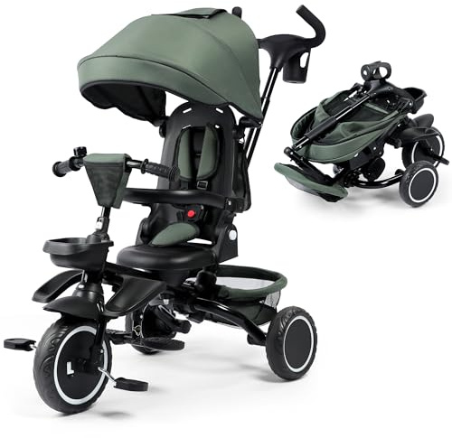 Kinder King Kids Tricycle, 8 in 1 Folding Toddler Trike w/Adjustable Push Handle, Rotatable Seat, Adjustable Canopy, Bell, Five-Point Harness, Storage, Bike Tricycle for Toddlers 1-3, Forest