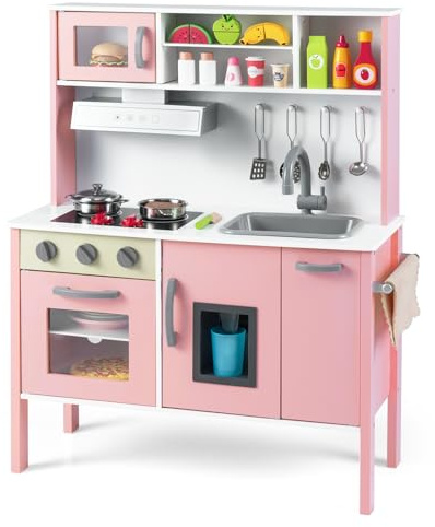 GOPLUS Cocina de Juguete para Niños de Madera, Cocina Infantil de Juguete con Microonda, Fregadero, Grifo, Placas de Gas, Campana Extractora, Heladera y Horno, para Niños de 3+ años (Rosa)