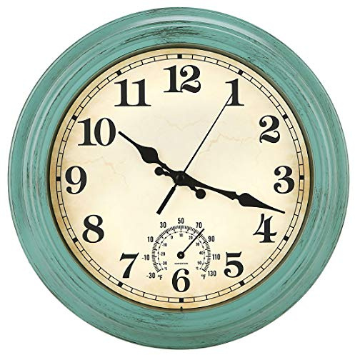 12 Inch Indoor/Outdoor Retro Waterproof Wall Clock with Thermometer,Vintage Battery Operated Silent Non Ticking Quartz Clock Wall Decorative for Kitchen/Bedroom/Living Room/Bathroom/Patio-Olive green