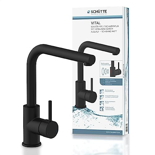 SCHÜTTE 99760 VITAL Sensor-Spültischarmatur Küche, Küchenarmatur mit ausziehbarer Brause, automatischer Wasserhahn mit Sensor, Mischbatterie Spüle, berührungslose Infrarot-Armatur Schwarz