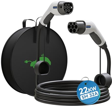 Type 2 Câble Recharge Voiture Electrique 32A 22KW Triphasé Mode 3 Cable Type 2 pour Voiture électrique/EV Hybride, Type 2 vers Type 2 EV Chargeur Cable Compatible avec Tous Les modèles Type 2 (Blanc)