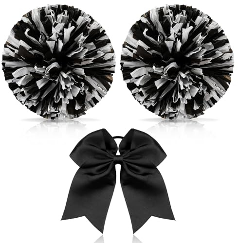 Hanaive Cheerleading-Pompons und große Cheerleader-Haarschleife, metallisches Cheerleader-Zubehör für Teamgeist, Sport, Tanzen, Cheerleader, 3 Stück (schwarz, gemischt, weiß, matt)