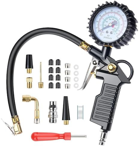 Riisoyu Digitaler Reifendruckprüfer, Reifenfüller 220PSI Multifunktional Luftdruckprüfer mit mehrere Ersatzteile Reifenfüll Messgerät Reifendruckmesser Kompressor Zubehör für Auto Motorrad Fahrrad LKW