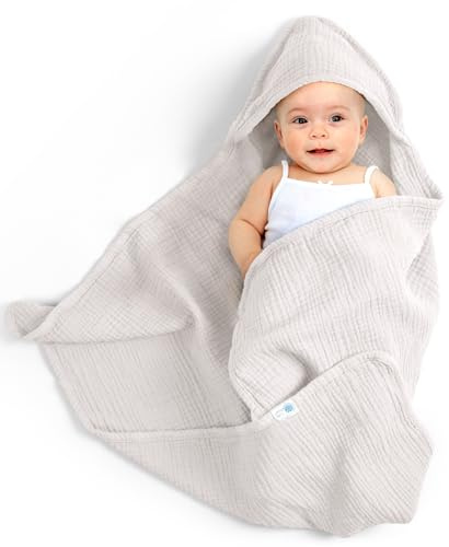 Lulumoon babyhandduk huva för badrum: muslin bomull 75x76 cm – extra mjuk absorberande – lämplig för spädbarn 0–18 månader (havrefärger)