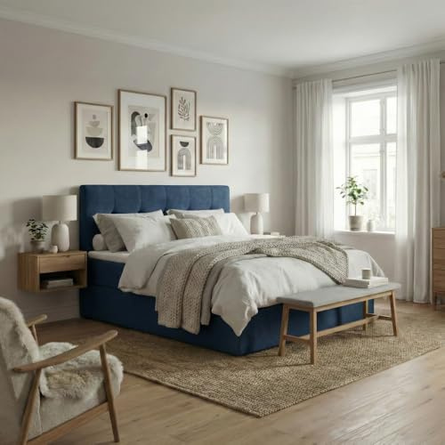 Imebel Boxspringbett Holly 140x200 cm mit Bonnell-Matratze H3 und 3 cm Topper – 2 Bettkästen – Samt Velours Polsterbett mit gestepptem Kopfteil – Doppelbett mit Stauraum