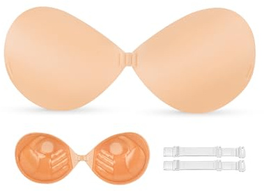 KSang Push Up Sticky Bra, Thick Padded Backless Strapless Bra for Women, Invisible Self Adhesive Bra for Wedding Dress - A Beige