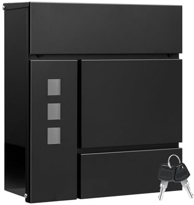 WOLTU Cassetta Postale da Esterno, Cassetta delle Lettere da Muro, con 3 Finestre Trasparenti, Coperchio a Ribalta, 2 Chiavi e Serratura, per Giornali e Lettere, Nero, 37x10,5x37cm