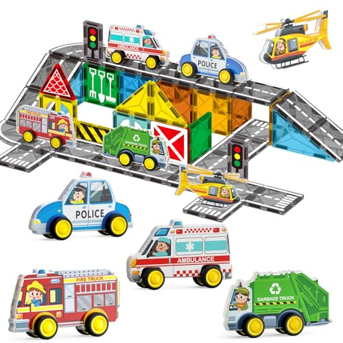 Oriate Stadt Magnetische Magnet Bausteine Spielzeug Set，Rollende Cars Kompatibel Mit Magnetbausteine Kinder Straße，Magnetspiel Geschenk Junge Mädchen 4 5 6 7 8 Jahre，Building Montessori Magnete Spiel