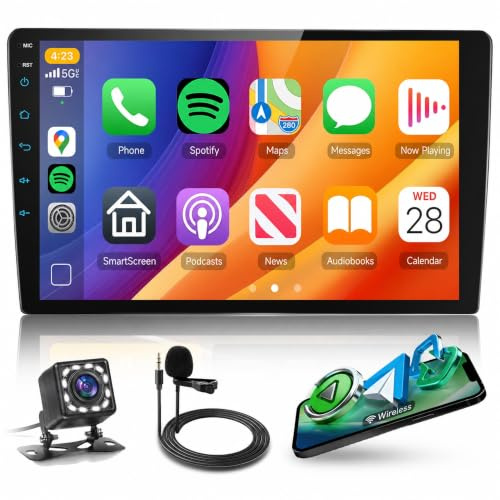 Hodozzy Double Din Car Stereo 9 Inch with Wireless Carplay and Android Auto, 2 Din Touchscreen Car Radio with Bluetooth, FM RDS Radio, EQ, Online Video, Mirror Link, SWC Color Backlight + Rear Camera