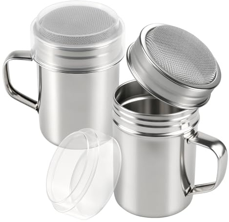 2 unidades de azúcar en polvo 304 de acero inoxidable, harina con mango y tapa, espolvoreador de cacao para capuchino, espolvoreador de azúcar en polvo, canela, molinillo de azúcar en polvo para girar
